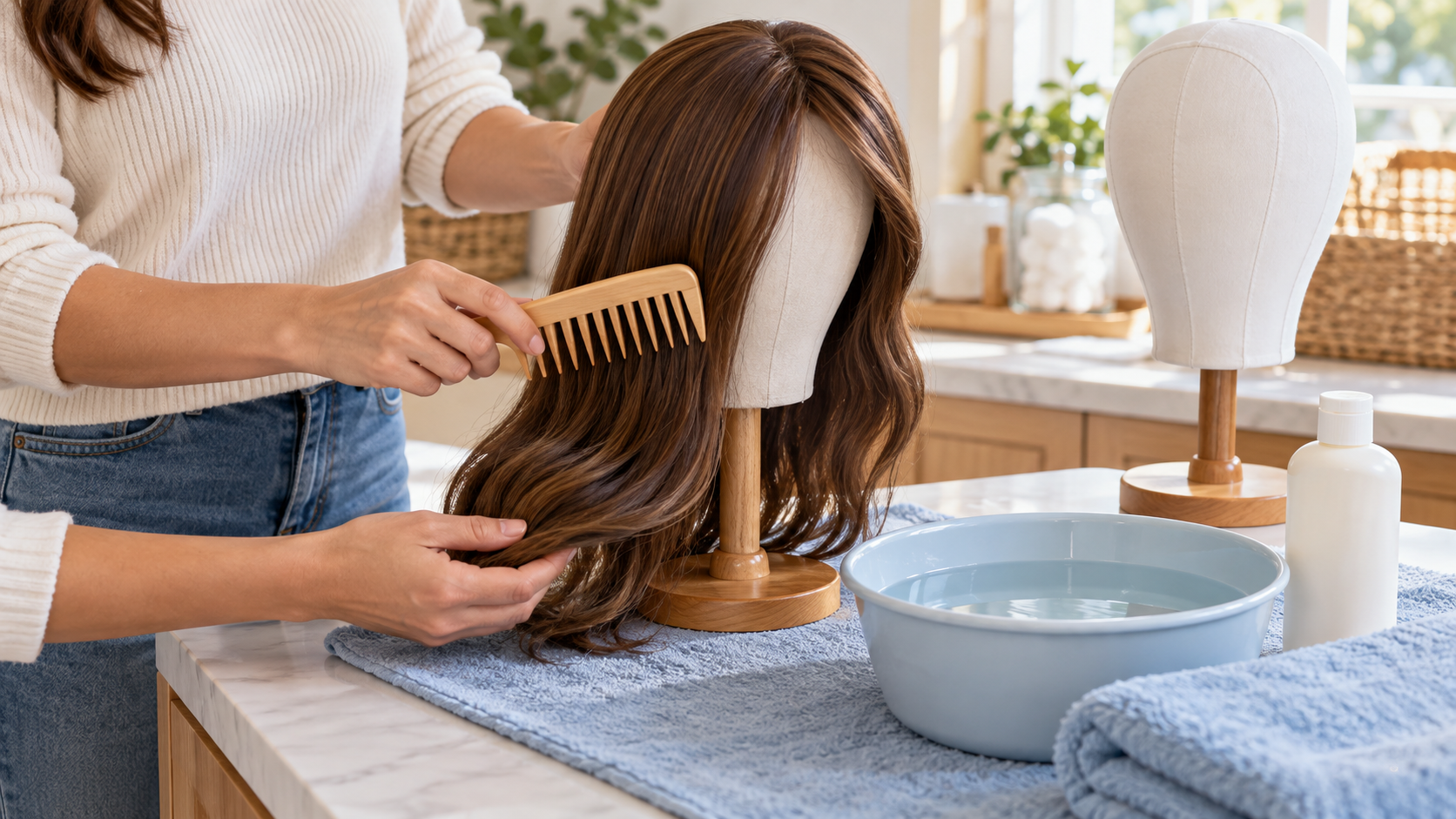 A human hair wig being gently detangled beside cool water, wig-safe shampoo, and a soft towel.