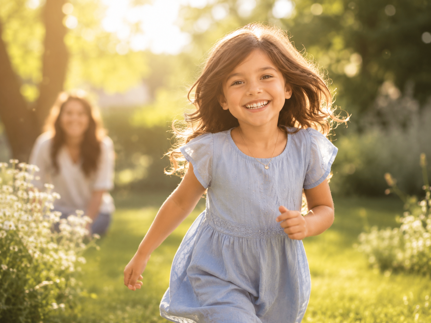 A joyful child running outdoors, representing the confidence and sense of belonging that a custom wig can help restore.