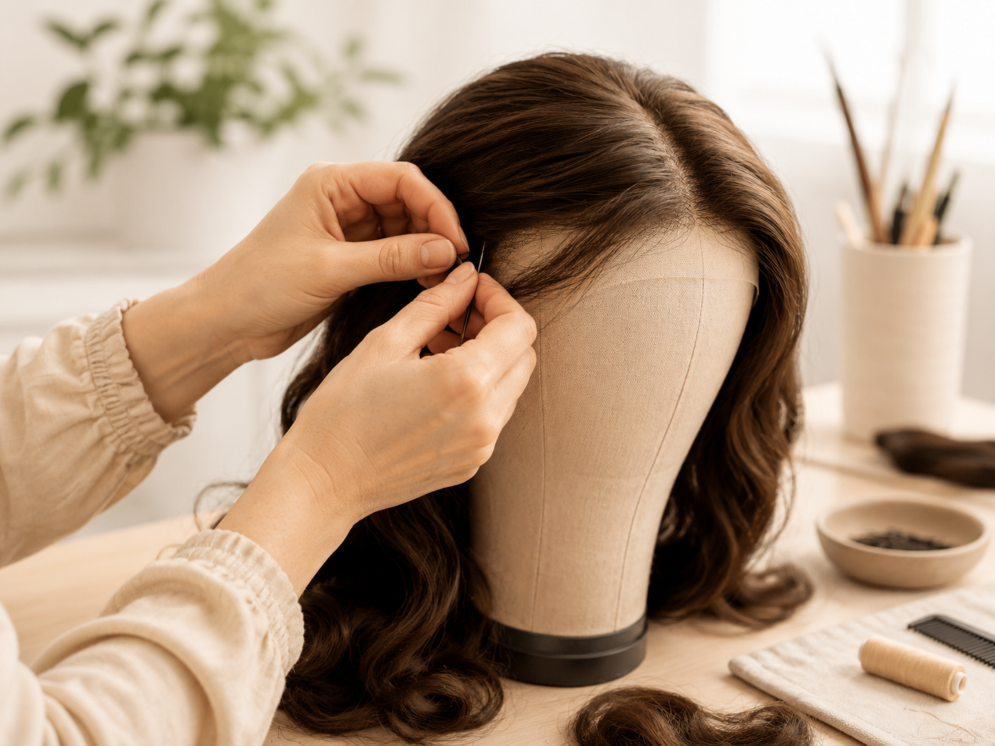 Skilled hands carefully creating a custom human hair wig on a mannequin head for a child experiencing medical hair loss.