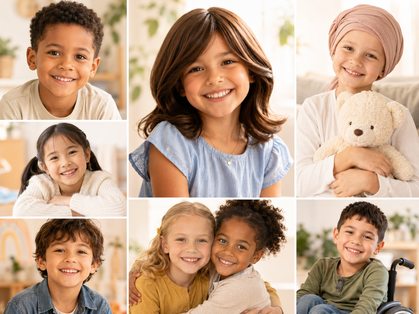 A diverse group of smiling children representing the families supported through free custom wigs, compassionate care, and hair loss assistance.
