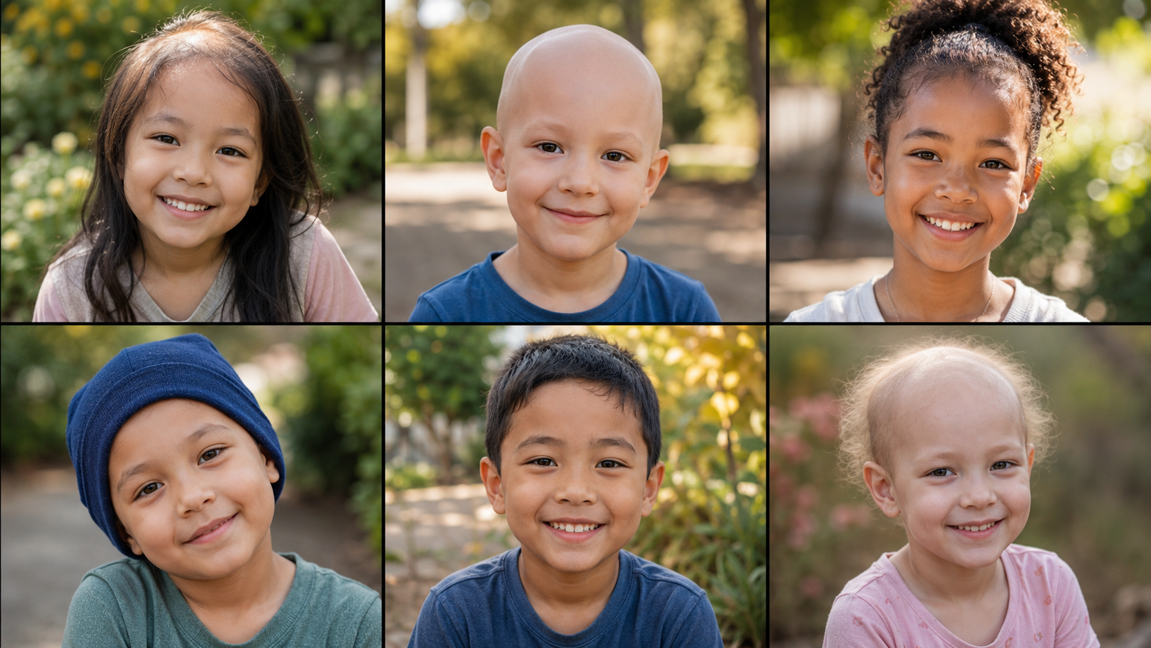 A smiling child with visible round patches of hair loss caused by alopecia areata, standing outdoors in warm natural light.