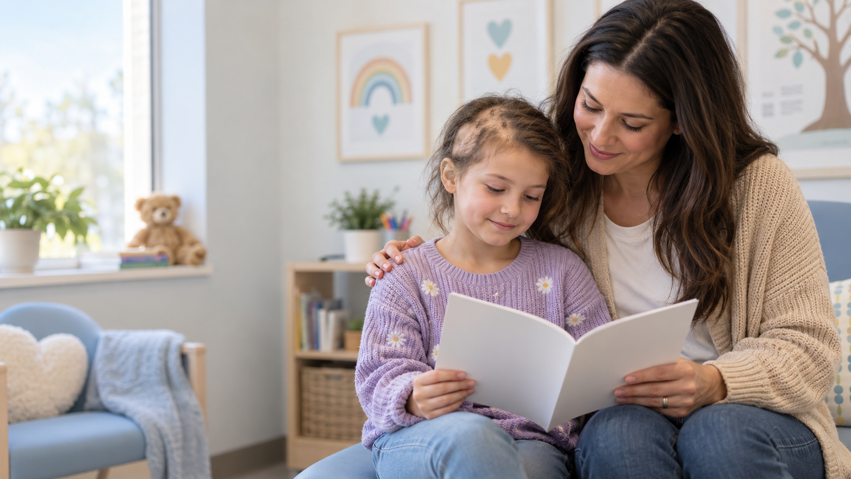 A mother gently supports her daughter with patchy medical hair loss while they read a childhood hair loss care guide together.