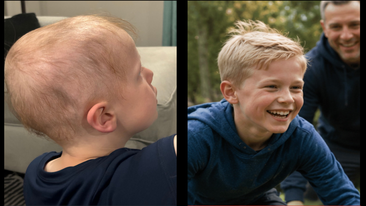 A smiling child with visible round patches of hair loss caused by alopecia areata, standing outdoors in warm natural light.